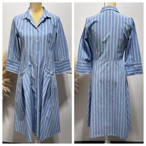 ROSSO35 Womens Blue Poplin Cotton Stripes Shirtdress Midi Size 42 Made in Italy